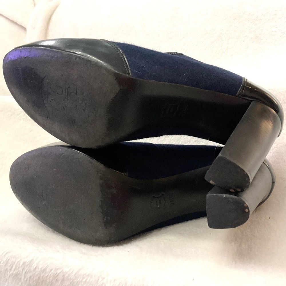 Black/Blue Leather Pull On Tory Burch Leighton Chunky Block Heel Booties Sz 7.5M - Picture 13 of 16